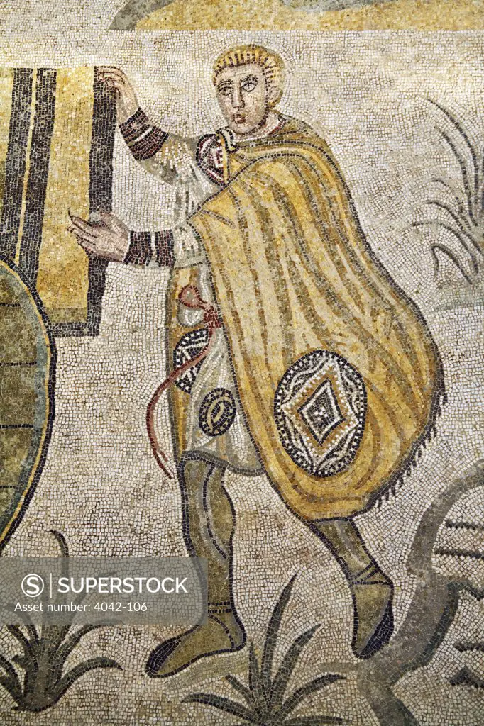 Italy, Sicily, hunter with cloak, mosaic in Room of Small Hunt from Villa Romana at del Casale