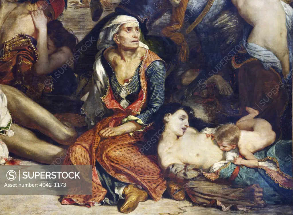Massacre of Scio, detail with Greek families attend to the wounded or dead, by Eugene Delacroix, 1824, France, Paris, Musee du Louvre