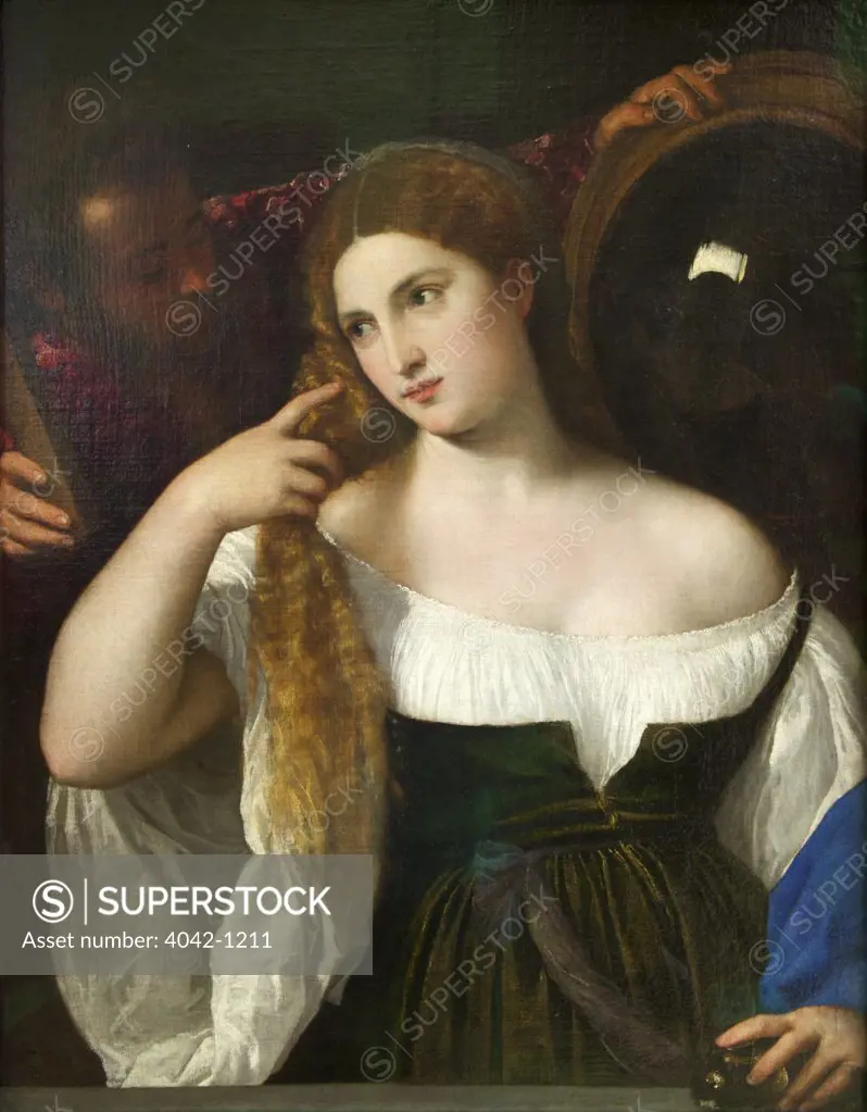Woman with a mirror by Titian, 1515-15, France, Paris, Musee du Louvre