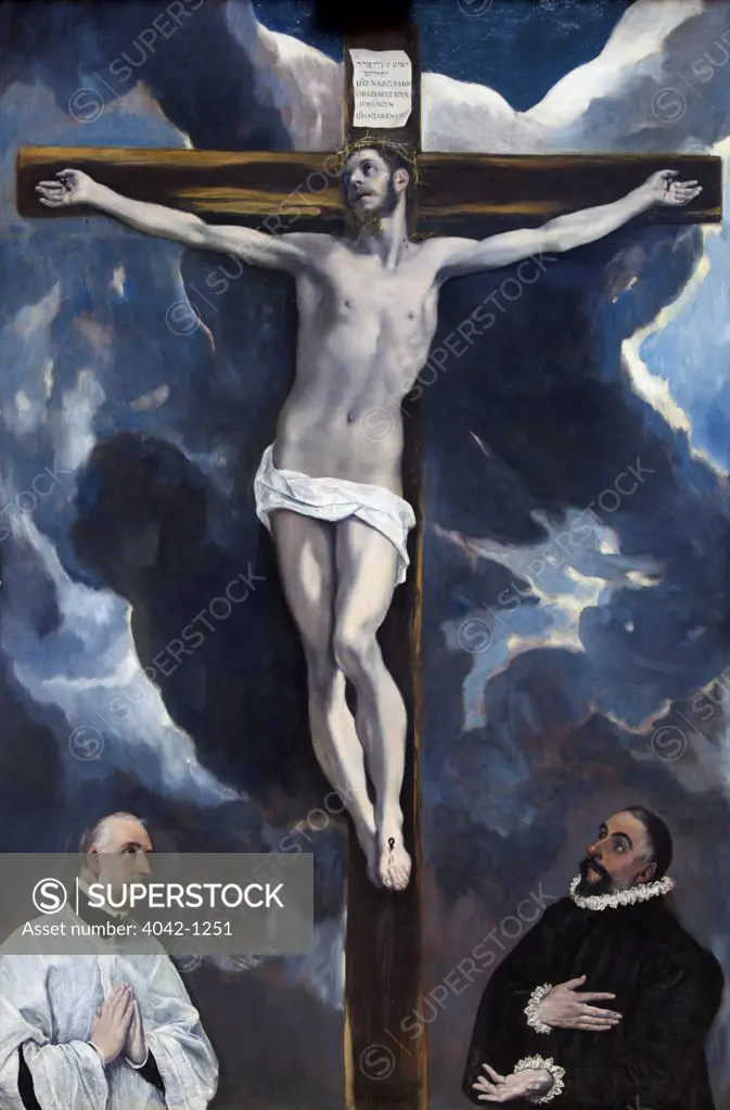 Christ On The Cross Adored By Two Donors by El Greco, circa 1590, France, Paris, Musee du Louvre
