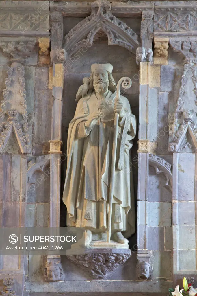 United Kingdom, Pembrokeshire, Cymru, St. Davids Cathedral, statue of St David with dove