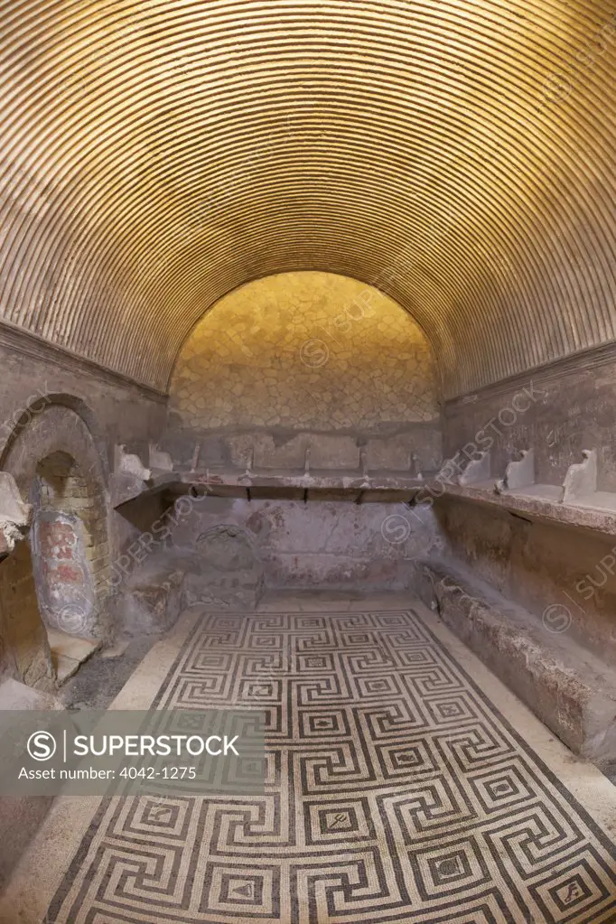Italy, Campania, Bay of Naples, Neapolitan Riviera, Roman central baths mosaic and strigilate barrel vault in women's tepidarium