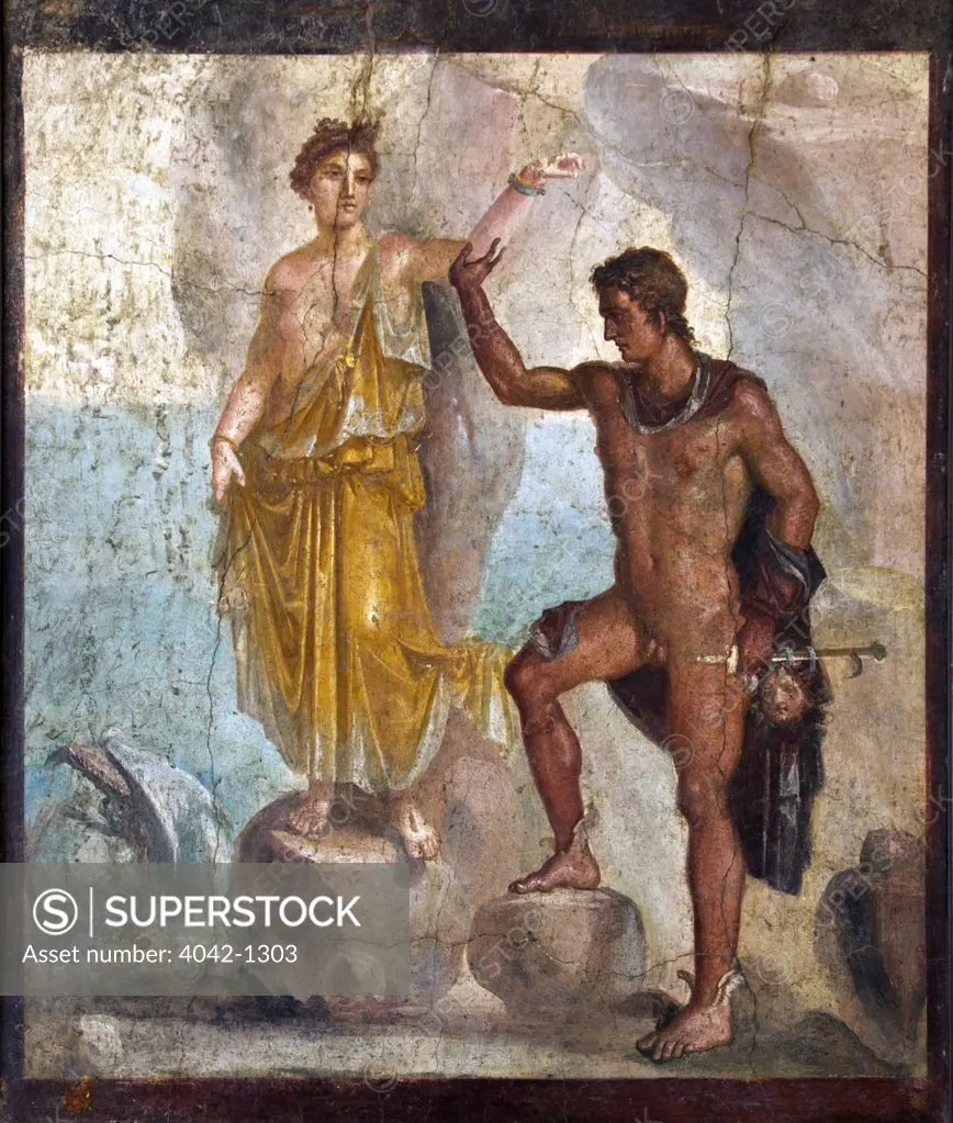 Perseus Carrying Sword and Head of Gorgon with Andromeda, fresco from House of Meleager, Pompeii, Italy, Naples, National Archeological Museum