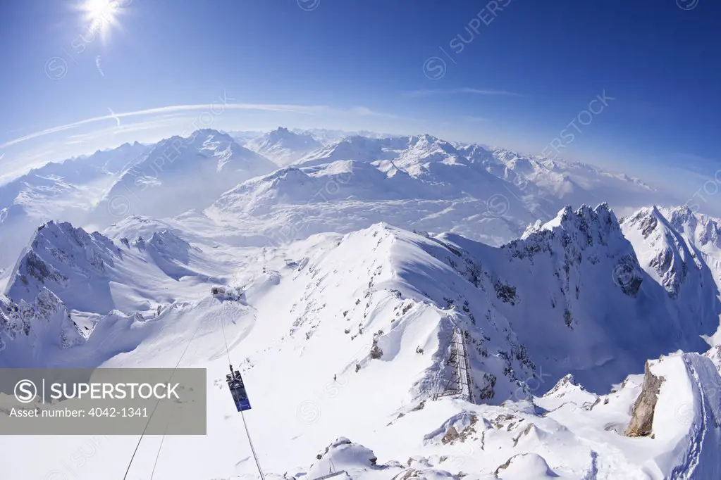 High angle view of snow covered mountains, Valluga, Sankt Anton am Arlberg, Austrian Alps, Tyrol, Austria