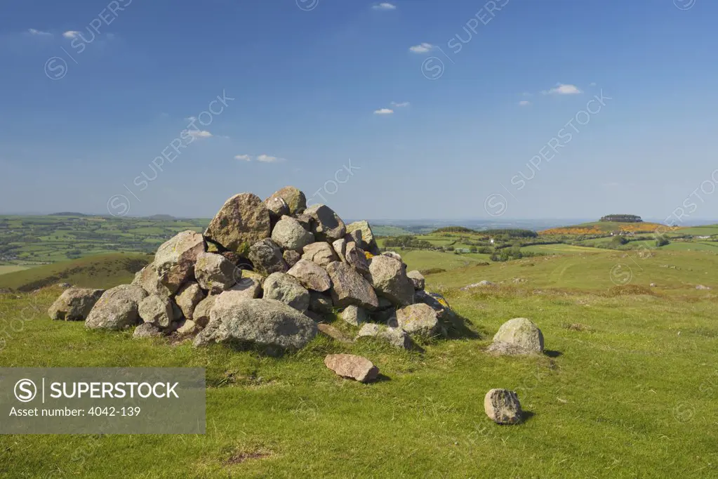Stone pile on a landscape, Mitchell's Fold, Bishop's Castle, Shropshire Hills, Shropshire, West Midlands, England