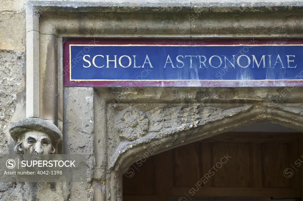Sign above entrance to Schola Astronomiae, Schools Quadrangle, Bodleian Library, Oxford University, Oxford, Oxfordshire, England