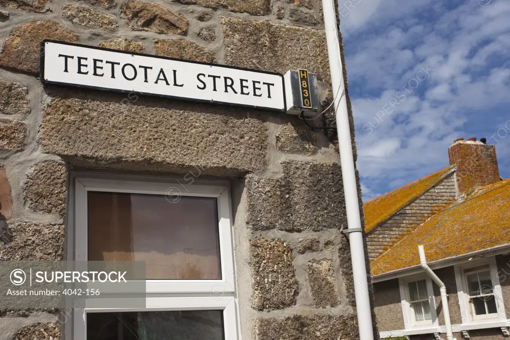 Street name sign on a wall, Teetotal Street, Cornish Riviera, St. Ives, Penwith, Cornwall, England