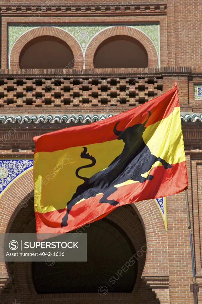Spanish bullfighting flag in front of Las Ventas Bullring, Madrid, Spain