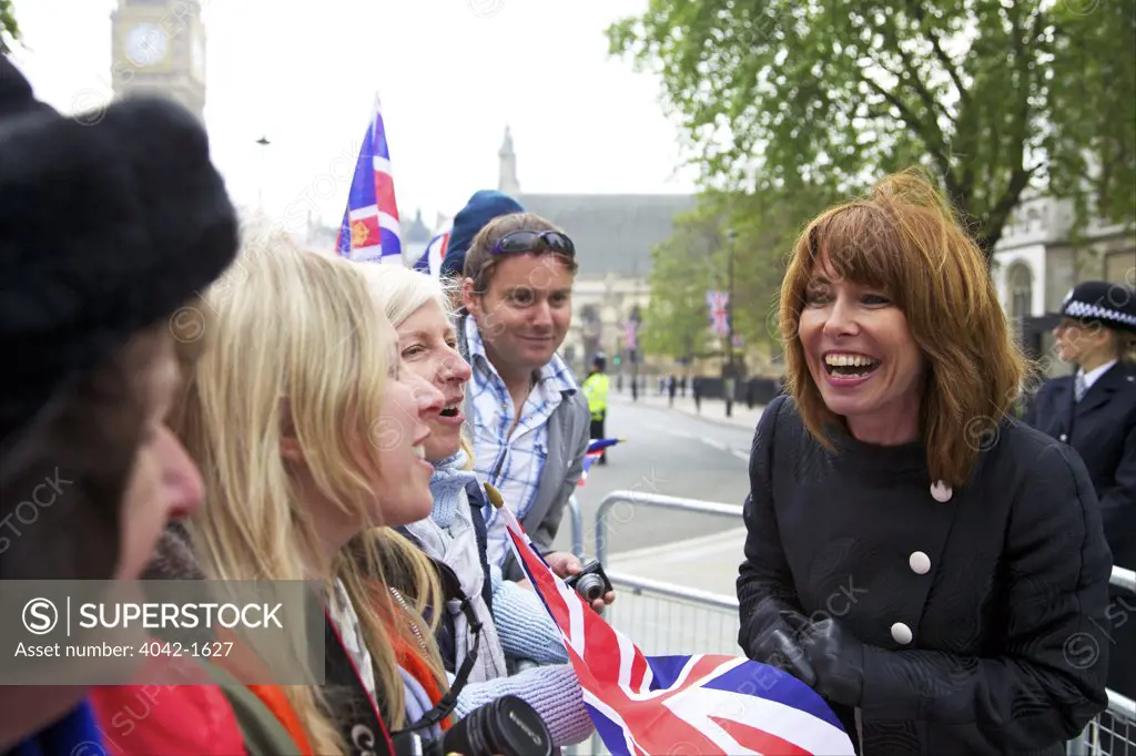 Kay Burley Sky News TV Presenter talking to spectators outside Westminster Abbey during Marriage of Prince William to Kate Middleton on 29th April 2011, London, England