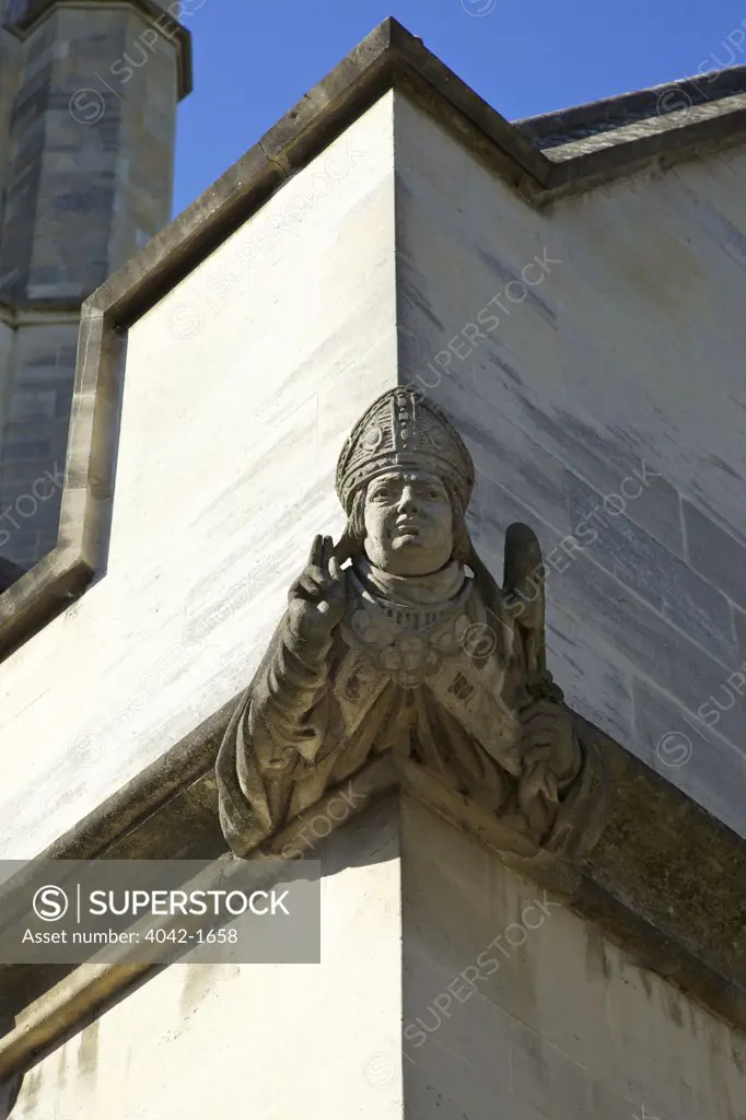 Carving of Bishop giving blessing, Magdalen Great Tower, Magdalen College, Oxford University, Oxfordshire, England