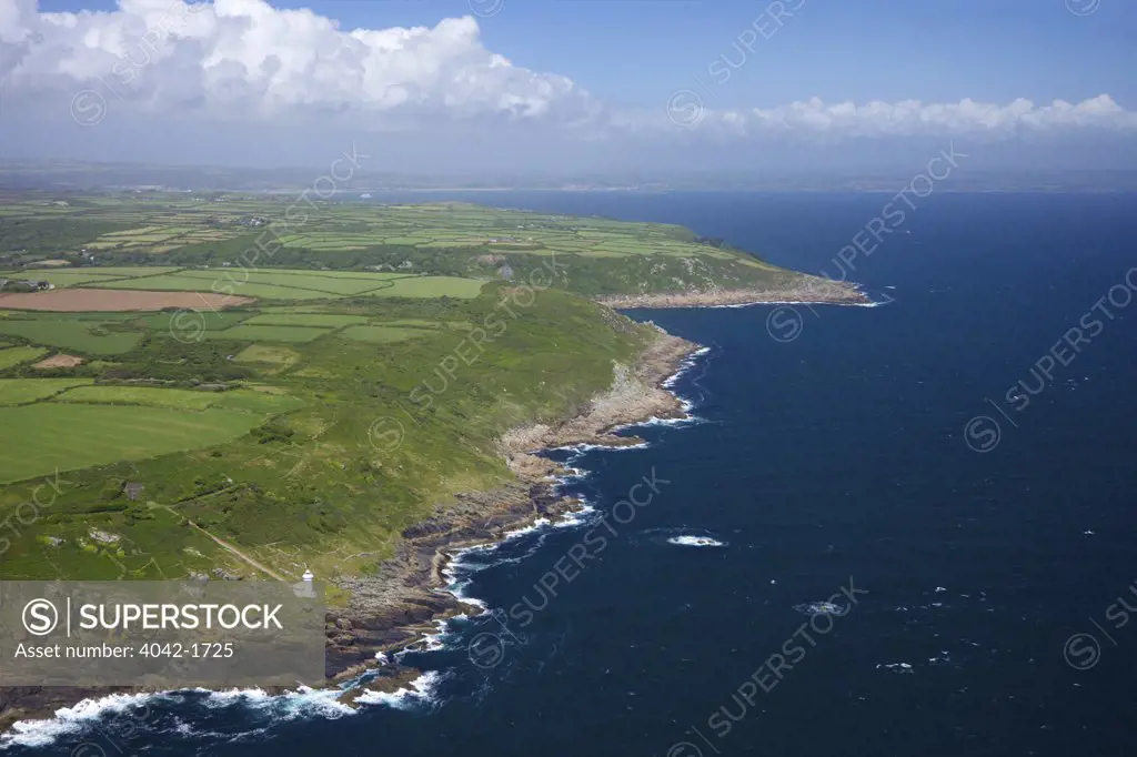 United Kingdom, Cornwall, West Penwith, Lands End Peninsula, Aerial photo of Tater Du Lighthouse and Lamorna Cove