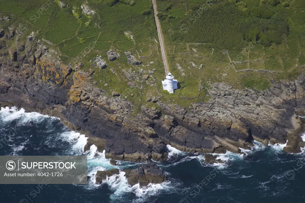 United Kingdom, Cornwall, West Penwith, Lands End Peninsula, Aerial photo of Tater Du Lighthouse and Lamorna Cove