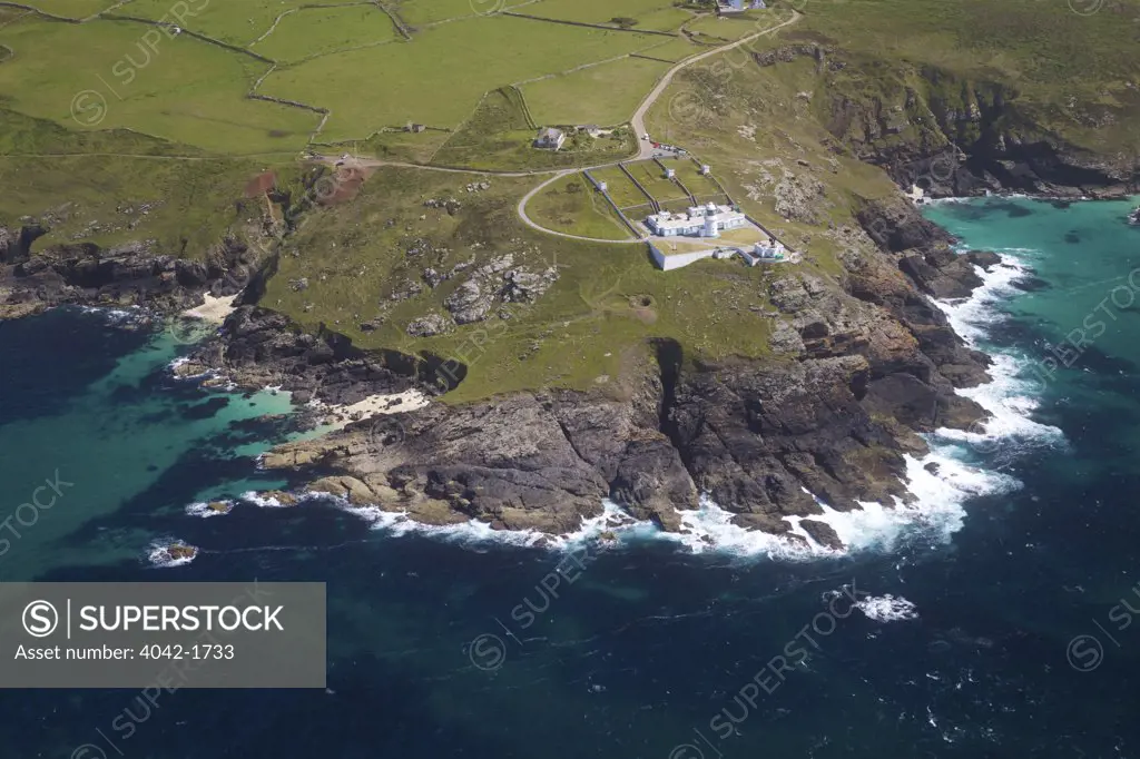 United Kingdom, Cornwall, West Penwith, Aerial view of lighthouse at Pendeen Watch