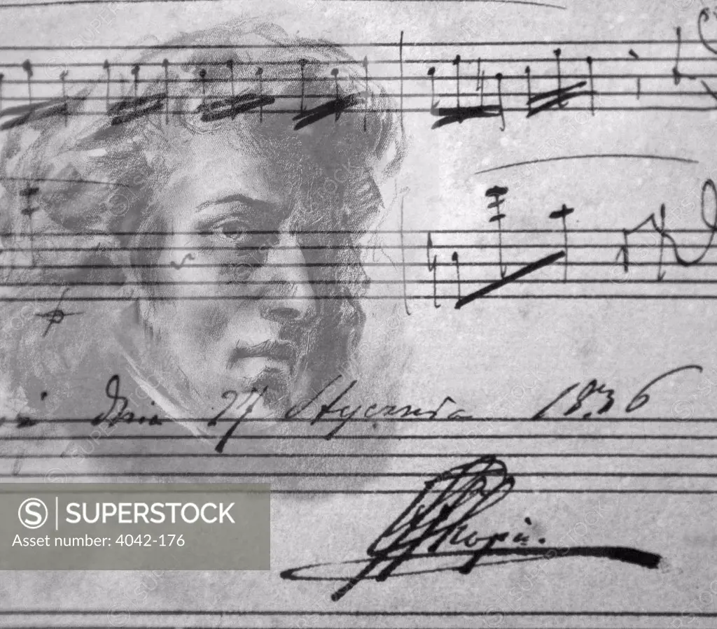 Collage of Frederic Chopin portrait and original musical score, Royal Carthusian Monastery, Mallorca, Spain