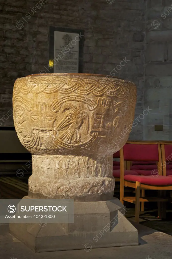UK, Cymru, Wales, Powys, Brecon Cathedral, 12th century Norman baptismal font