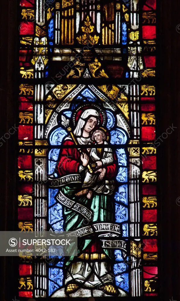 Mary Madonna and Baby Jesus, Medieval stained glass panel, East Window, Wells Cathedral, Somerset, United Kingdom