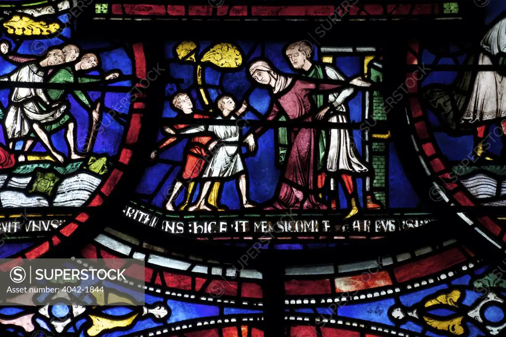 United Kingdom, Kent, Canterbury Cathedral, Trinity Chapel Ambulatory, Becket Miracle Window 6, Philip Scot and Frogs, Medieval stained glass