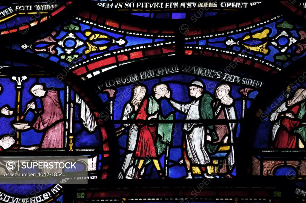 United Kingdom, Kent, Canterbury Cathedral, Trinity Chapel Ambulatory, Cure of Richard of Sunieve, Becket Miracle Window 6, medieval stained glass