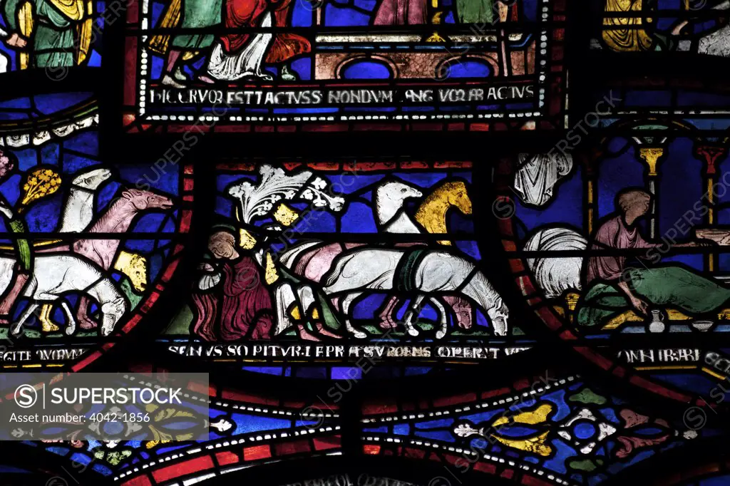 United Kingdom, Kent, Canterbury Cathedral, Trinity Chapel Ambulatory, Cure of Richard of Sunieve, Becket Miracle Window 6, medieval stained glass