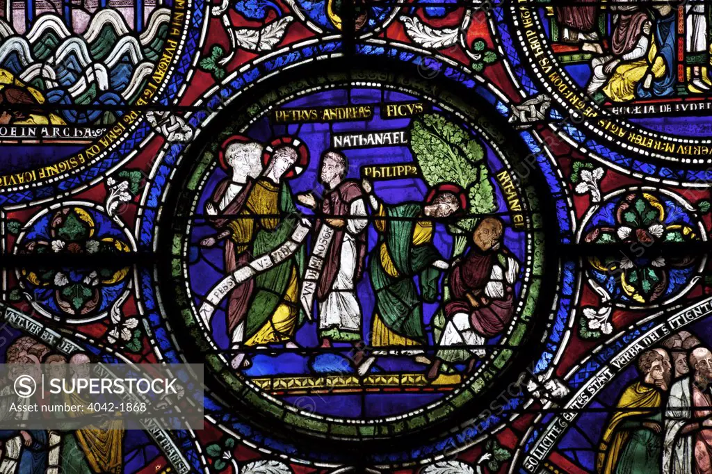 United Kingdom, Kent, Canterbury Cathedral, Trinity Chapel, North Quire Isle, Third Typological Window, Calling of Nathaniel, Medieval stained glass