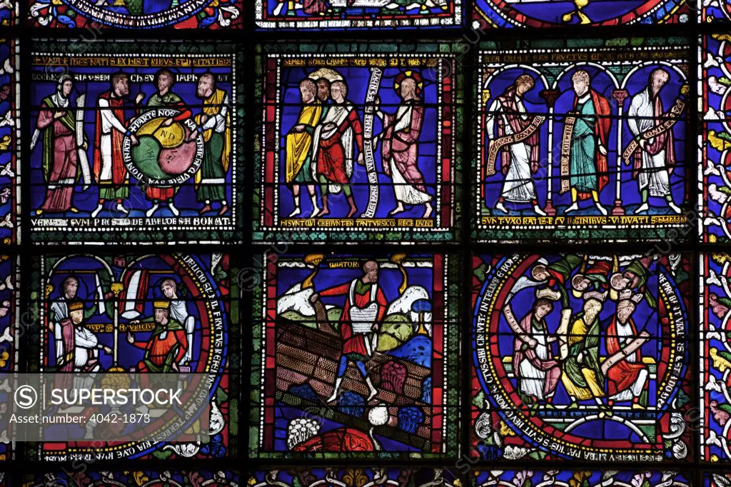 United Kingdom, Kent, Canterbury Cathedral, North Quire Isle n.XV, Sixth Typological Window, Sower on Good Ground and Among Thorns, medieval stained glass