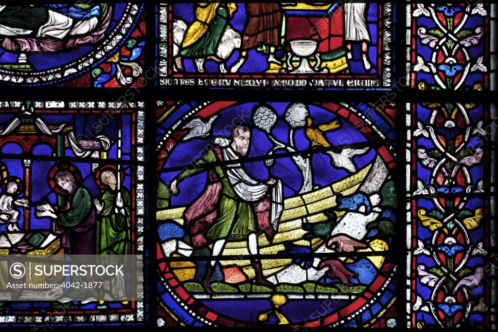United Kingdom, Kent, Canterbury Cathedral, North Quire Isle n.XV, Sixth Typological Window, Sower on Stony Ground with Birds, medieval stained glass