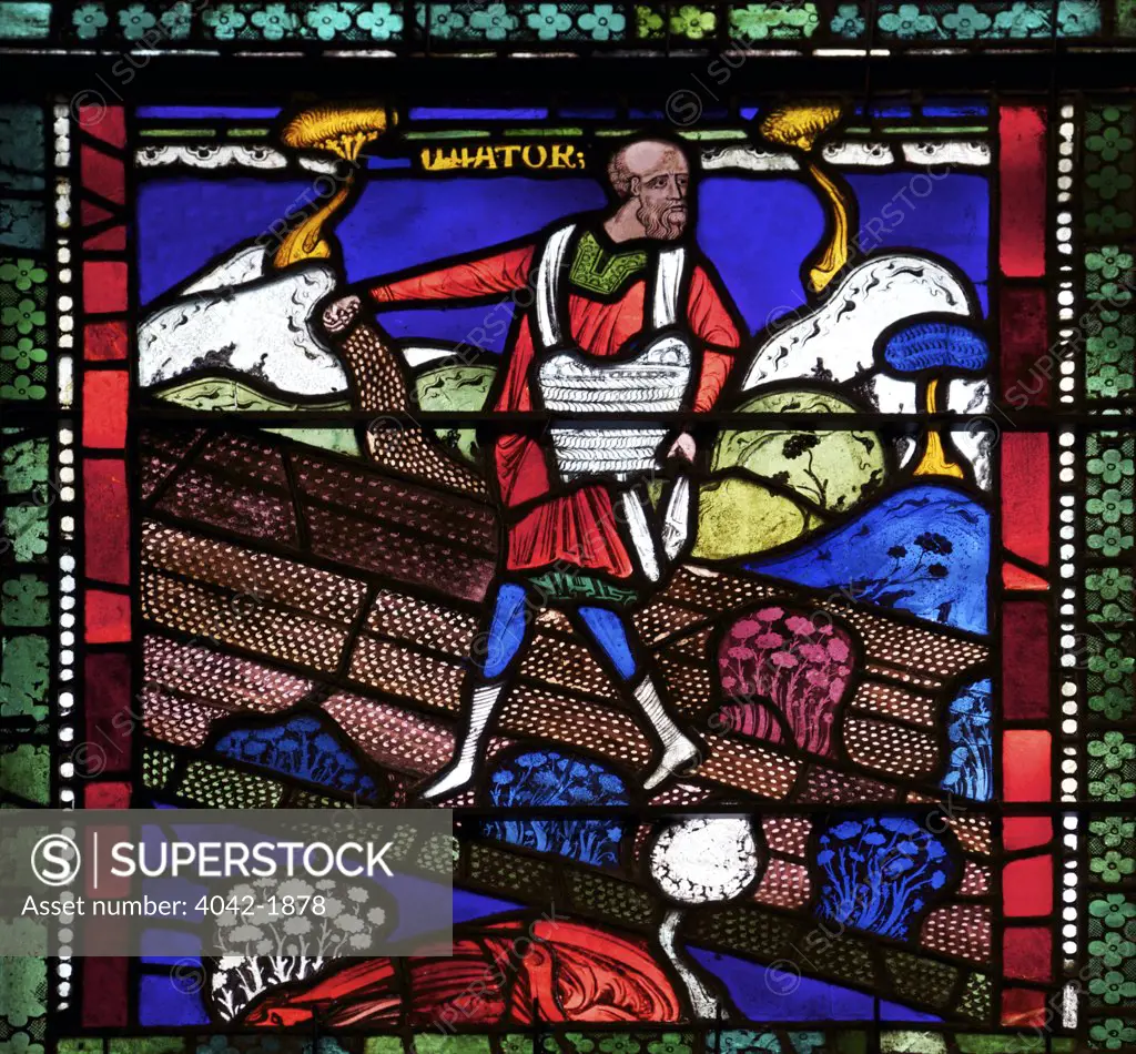 United Kingdom, Kent, Canterbury Cathedral, North Quire Isle n.XV, Sixth Typological Window, Sower on Good Ground and Among Thorns, medieval stained glass