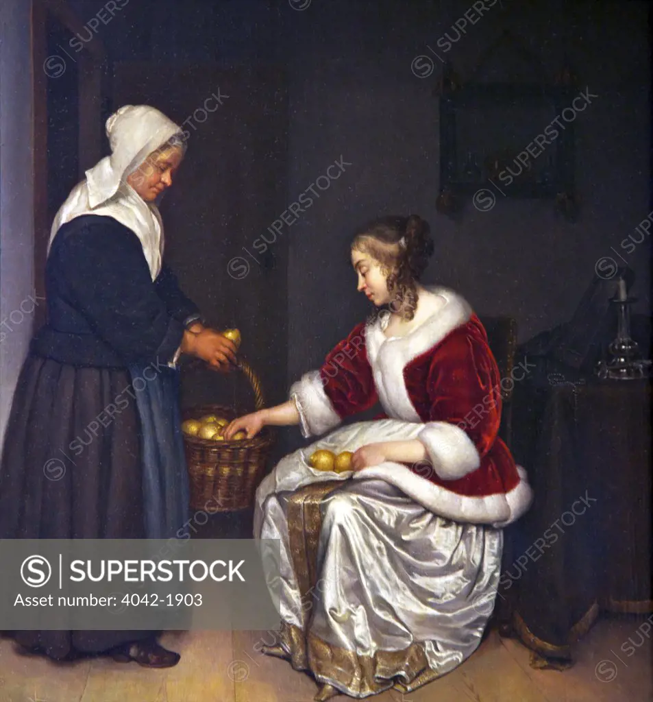Two Women in Interior with Basket of Lemons by Casper Netscher,England, Oxford, Oxford University, Ashmolean Museum
