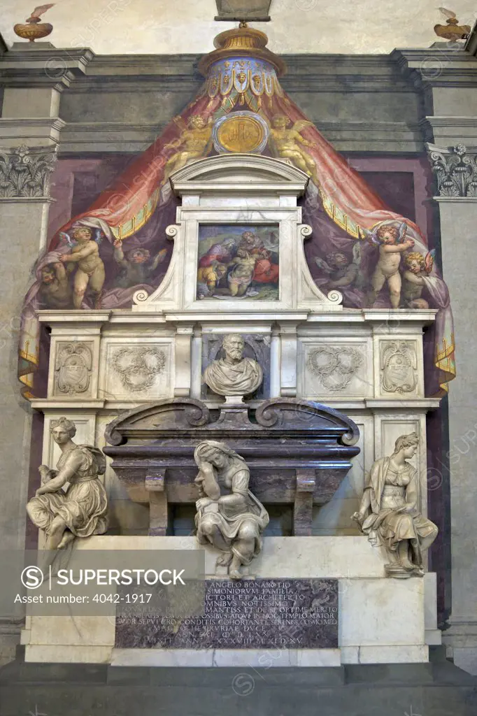 Tomb of Michelangelo, designed by Vasari, 1570, Santa Croce church, Florence, Tuscany, Italy, Europe