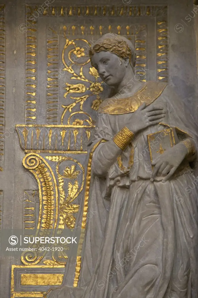 Detail of Annunciation Cavalcanti Sculpture, by Donatello, in pietra serena stone, circa 1435, Basilica of Santa Croce, Florence, Tuscany, Italy, Europe