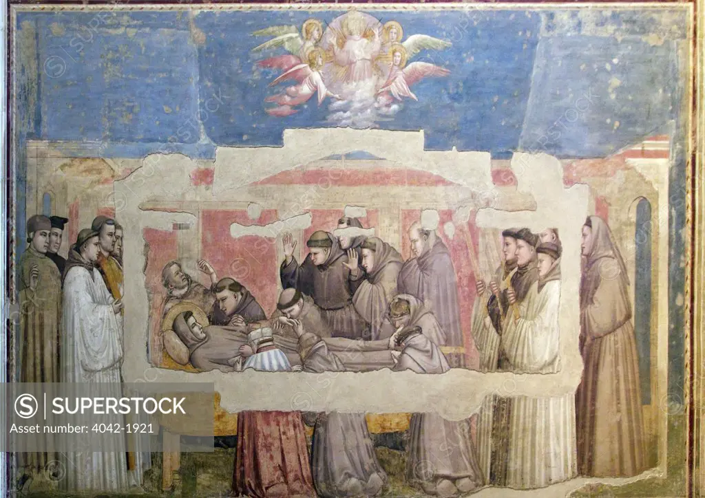 The Death of St. Francis and Inspection of Stigmata. circa 1320, by Giotto, Bardi Chapel, Basilica of Santa Croce, Florence, Tuscany, Italy, Europe