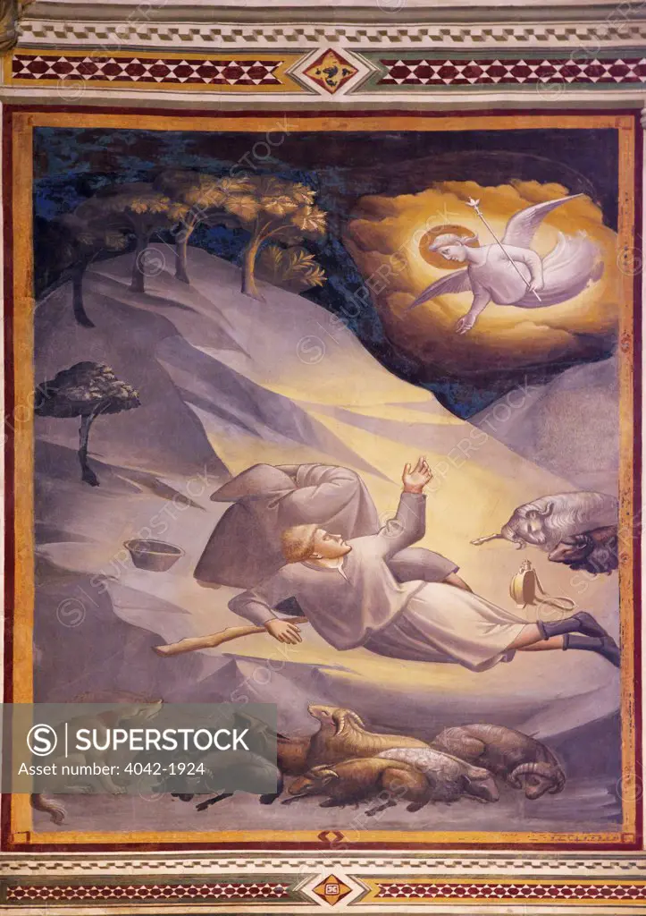 Fresco of angels summoning the shepherds near Bethlehem, by Taddeo Gaddi, Baroncelli Chapel, Basilica of Santa Croce, Florence, Tuscany, Italy, Europe