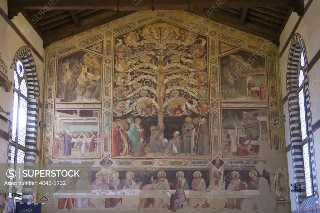 Frescos of the Last Supper and Tree of Life, by Taddeo Gaddi, circa 1335, Large Refectory, Basilica of Santa Croce, Florence, Tuscany, Italy, Europe