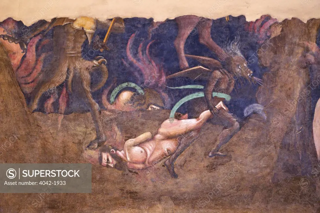 Entry to Hell with Devil and one of the Damned, remnant of fresco by Andrea Orcagna, 14th century, Museo dell'Opera, Basilica of Santa Croce, Florence, Tuscany, Italy, Europe