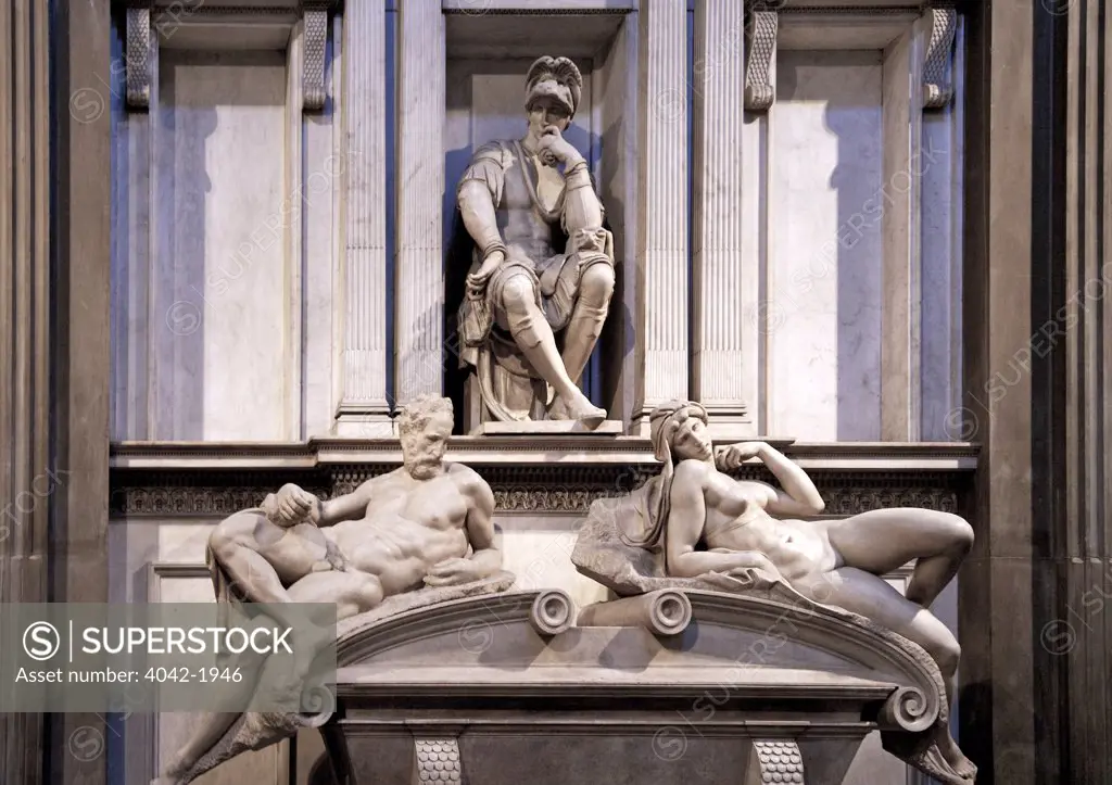 Tomb of Lorenzo de Medici, Day, marble sculpture by Michelangelo Buonarroti, 1524-31, Medici Chapel, Sagrestia Nuovo, San Lorenzo, Florence, Tuscany, Italy, Europe
