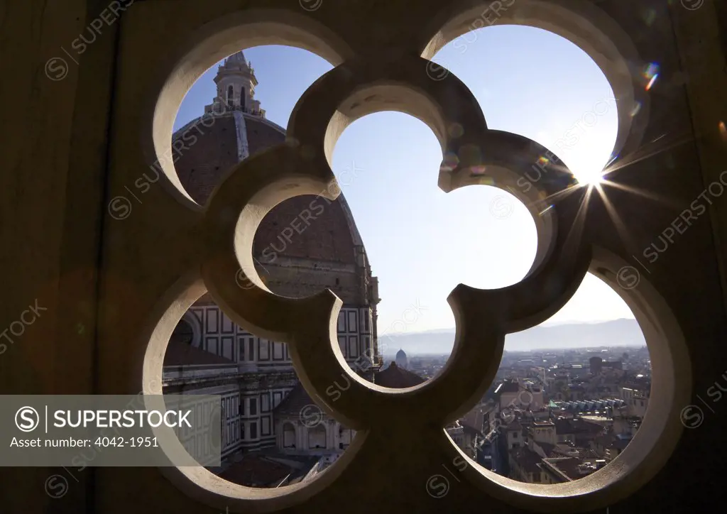 City viewed from a window of the Campanile di Giotto, Duomo Santa Maria Del Fiore, Florence, Tuscany, Italy