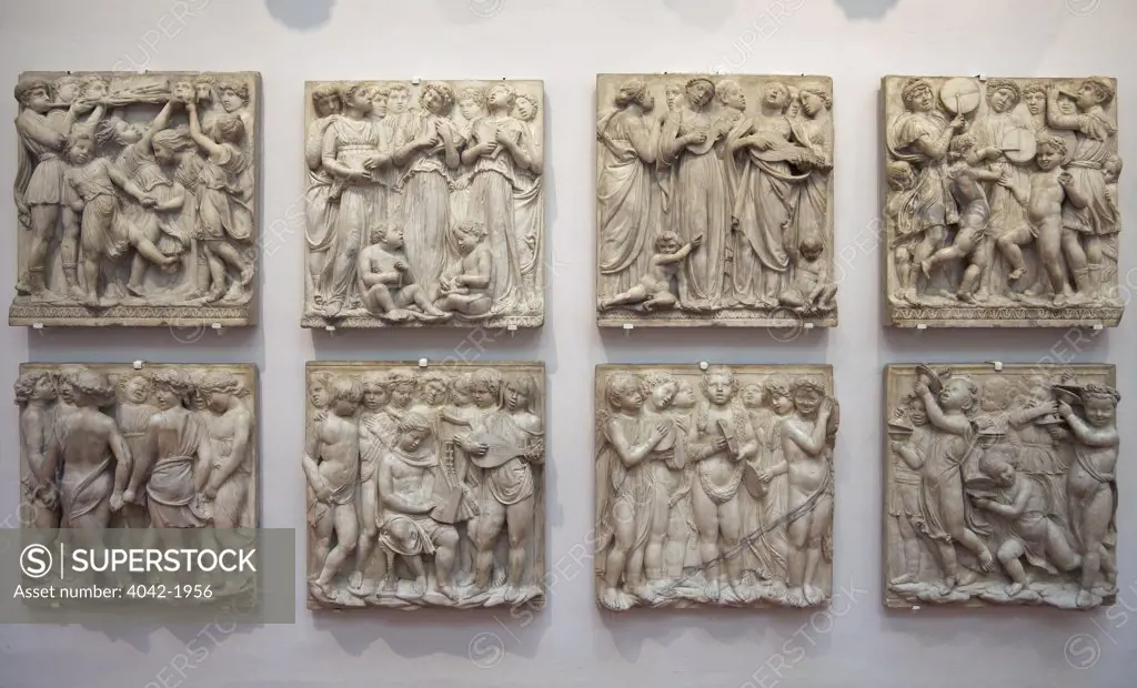 Original marble panels from the cantoria by Luca della Robbia, Museo dell'Opera del Duomo, Florence, Tuscany, Italy, Europe