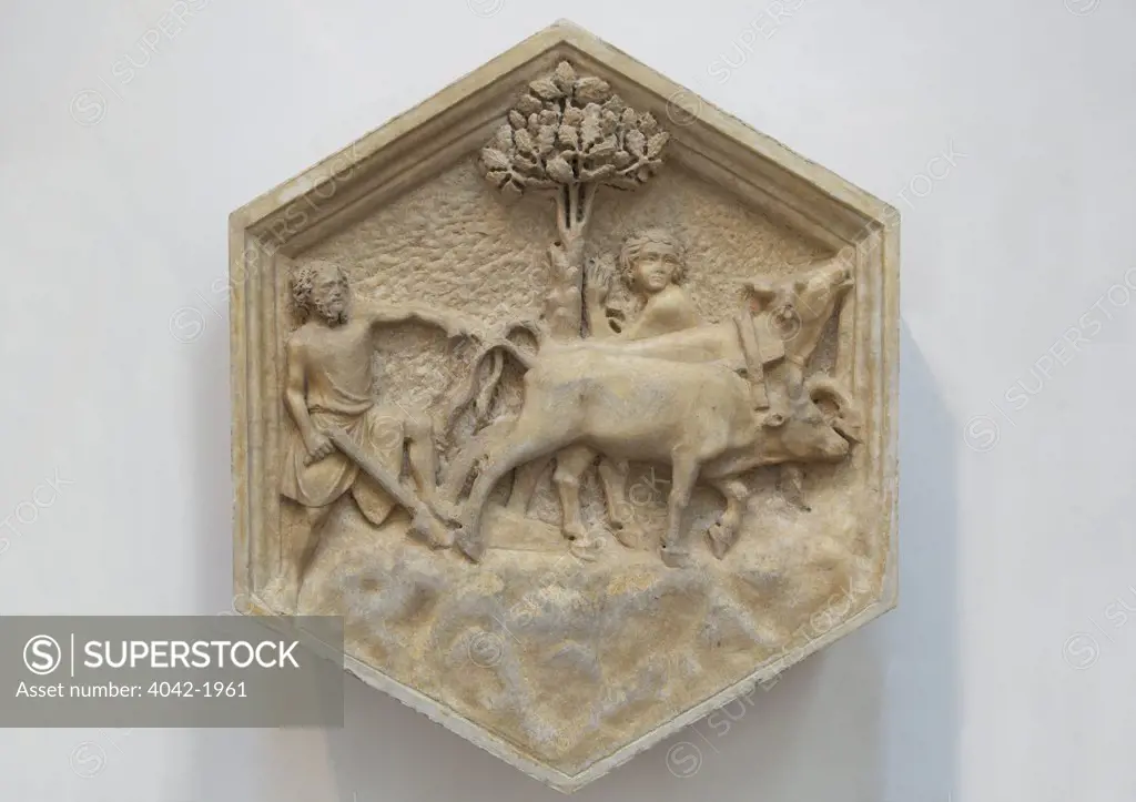 Agriculture, by Andrea Pisano, 1334-1336, original relief from the Campanile, Museo dell'Opera del Duomo, Florence, Tuscany, Italy, Europe
