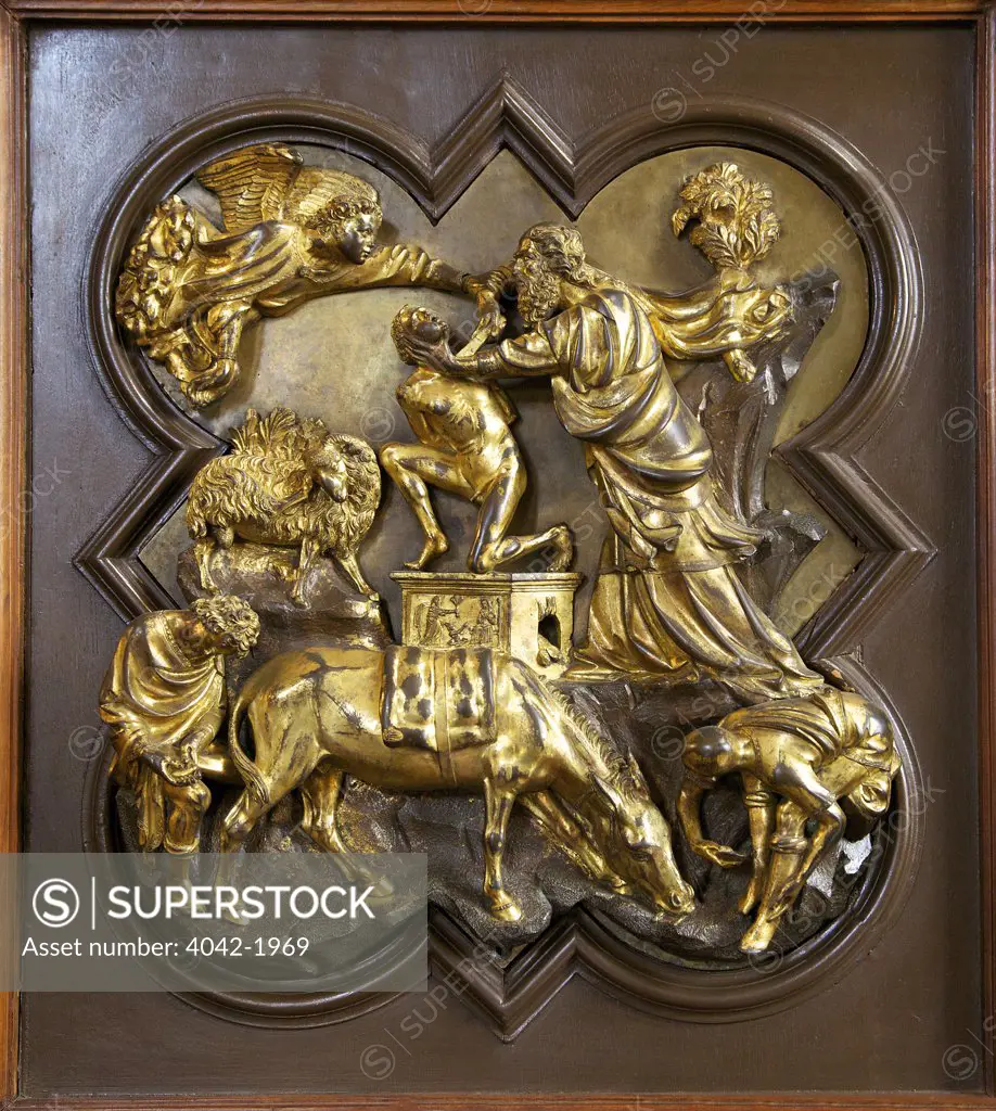 Abraham about to Slay Isaac, bronze panel by Brunelleschi, Baptistry Doors Competition Panel, 1401, Bargello, Florence, Tuscany, Italy, Europe