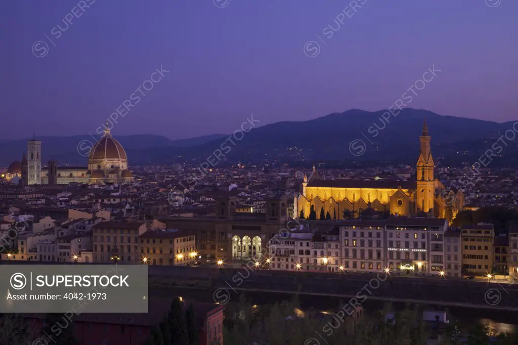 High angle view of Duomo Santa Maria Del Fiore and Church of Santa Croce at dawn viewed from Piazzale Michelangelo, Florence, Tuscany, Italy
