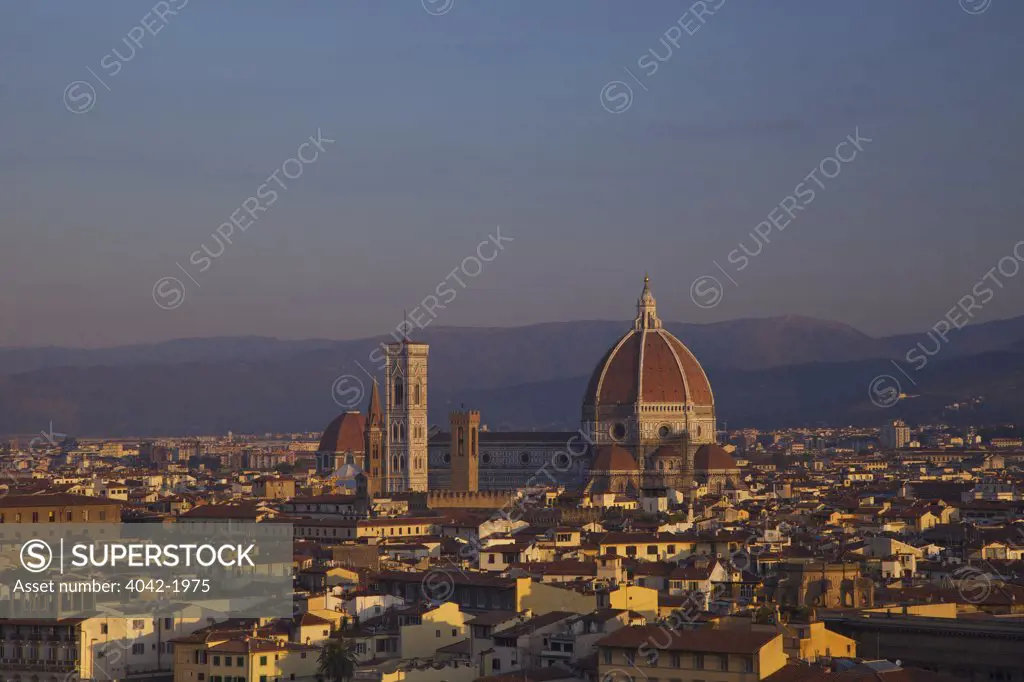 High angle view of Duomo Santa Maria Del Fiore at dawn viewed from Piazzale Michelangelo, Florence, Tuscany, Italy