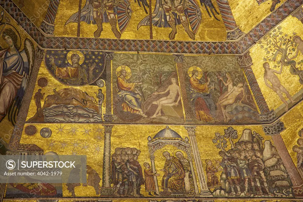 Scenes from Genesis, old testament, 13th Century mosaics, cupola ceiling, Baptistry, Florence, Tuscany, Italy, Europe