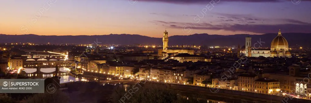 City viewed from Piazzale Michelangelo at night, Florence, Tuscany, Italy
