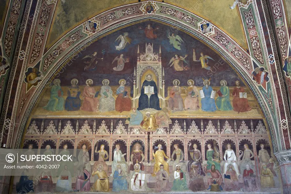 Triumph of St Thomas and Allegory of the Sciences, by Andrea di Bonaiuto, 1365-1367, Spanish Chapel, Cappellone degli Spagnoli, Basilica of Santa Maria Novella, Florence, Tuscany, Italy, Europe