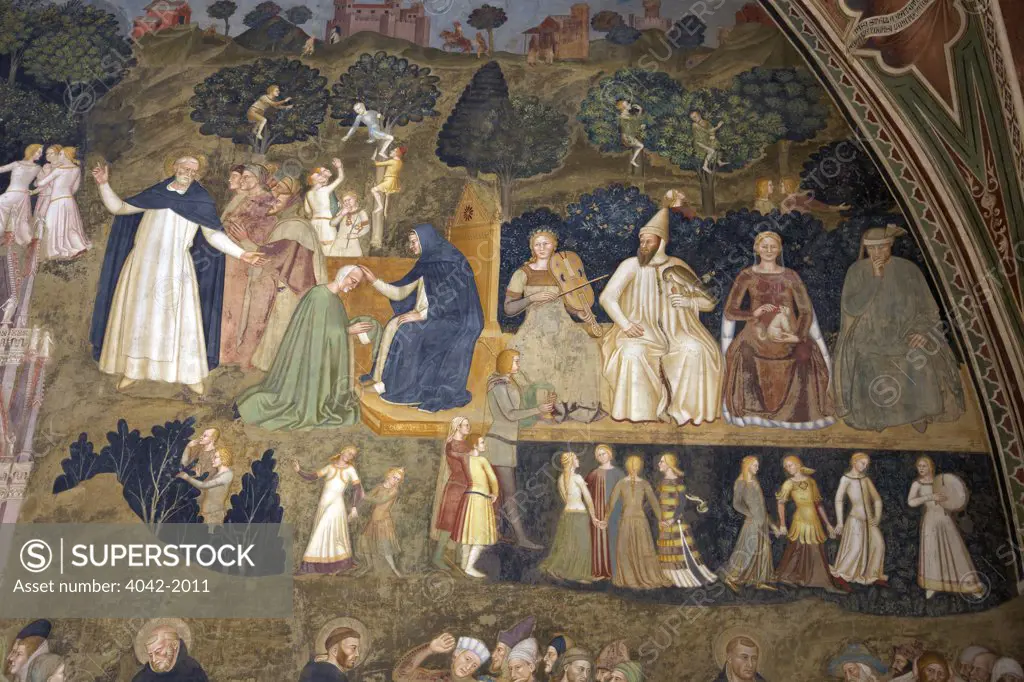 Scenes of Earthly Life and the Sacrament of Penitence, by Andrea di Bonaiuto, 1365-1367, Spanish Chapel, Cappellone degli Spagnoli, Basilica of Santa Maria Novella, Florence, Tuscany, Italy, Europe
