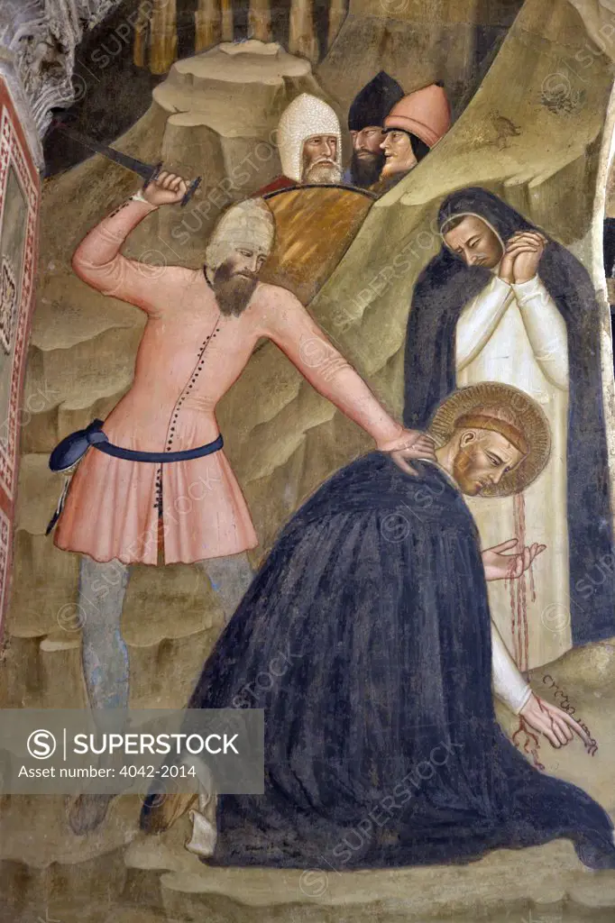 The Martyrdom of St Peter, by Andrea di Bonaiuto, 1365-1367, Spanish Chapel, Cappellone degli Spagnoli, Basilica of Santa Maria Novella, Florence, Tuscany, Italy, Europe