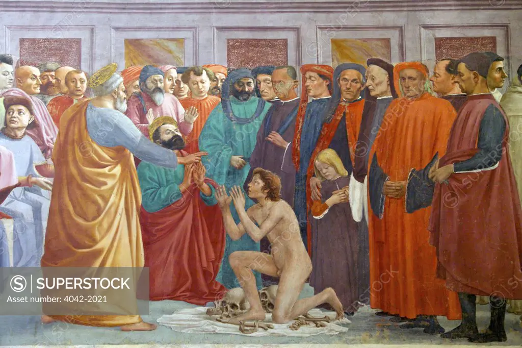 Raising the Emperor's Son, by Masaccio, Brancacci Chapel, Cappella dei Brancacci, Church of Santa Maria del Carmine, Florence, Tuscany, Italy, Europe