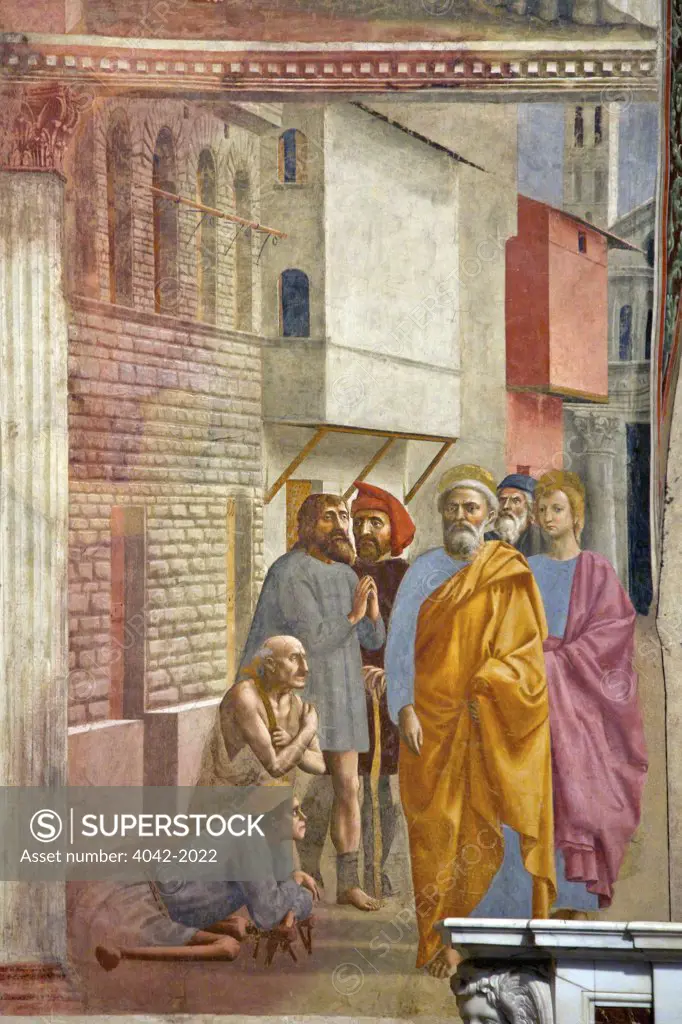 St Peter Heals the Sick, by Masaccio, Brancacci Chapel, Cappella dei Brancacci, Church of Santa Maria del Carmine, Florence, Tuscany, Italy, Europe