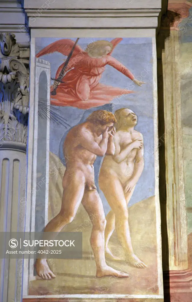 Expulsion of Adam and Eve from the Garden of Eden, by Masaccio, Brancacci Chapel, Cappella dei Brancacci, Church of Santa Maria del Carmine, Florence, Tuscany, Italy, Europe