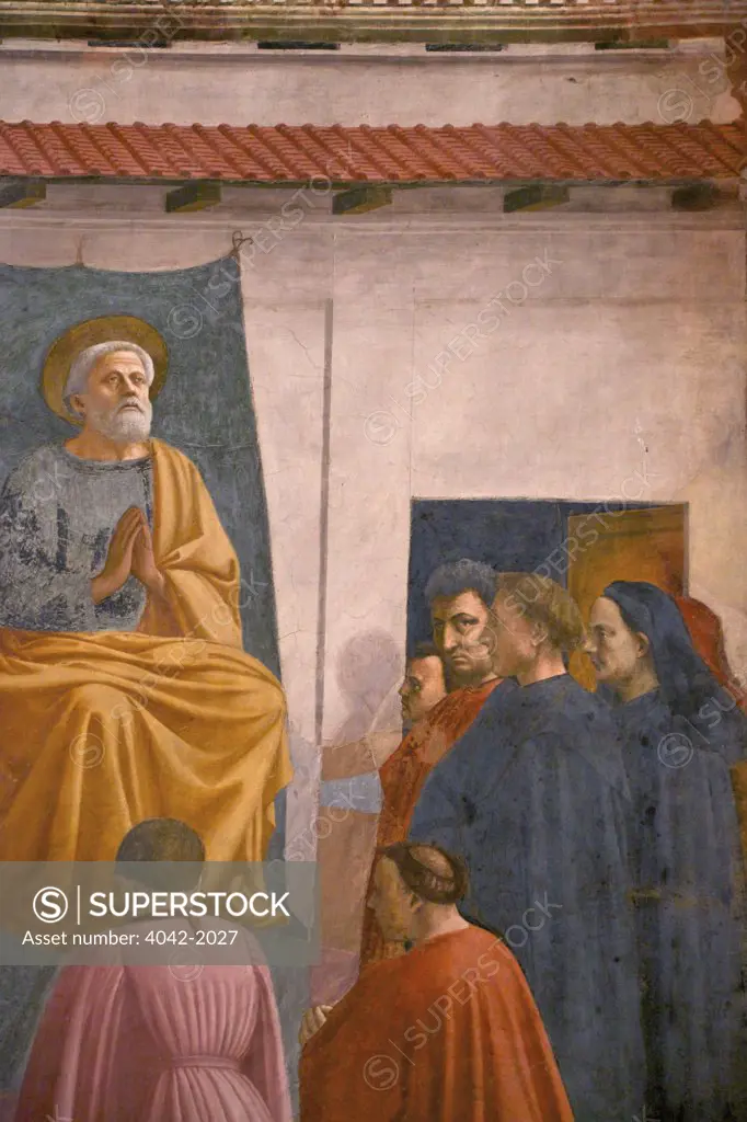 St. Peter Enthroned, by Masaccio, completed by Filippino Lippi, Brancacci Chapel, Cappella dei Brancacci, Church of Santa Maria del Carmine, Florence, Tuscany, Italy, Europe